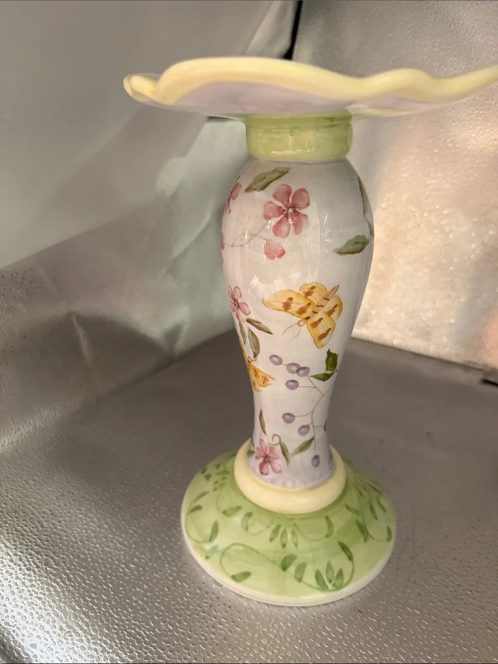 Floral and ButterflyCeramic Candle Hand Painted Pillar by Capiware